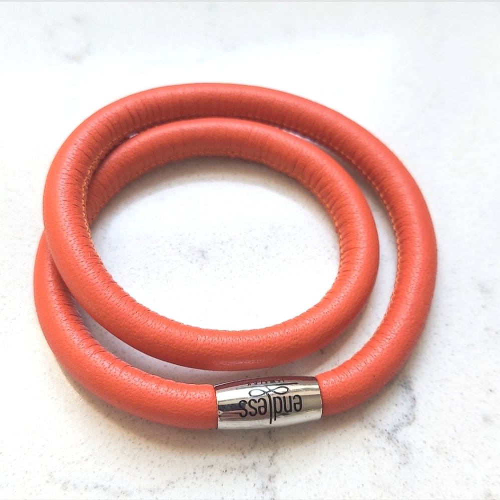 Endless Leather Charm Bracelet Double Wrap Burnt Orange Magnetic Clasp 15 in